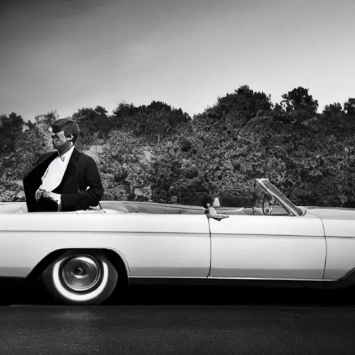 Image similar to John f. Kennedy in a Lincoln commercial, in the style of Matthew McConaughey, high detail, cinematic lighting