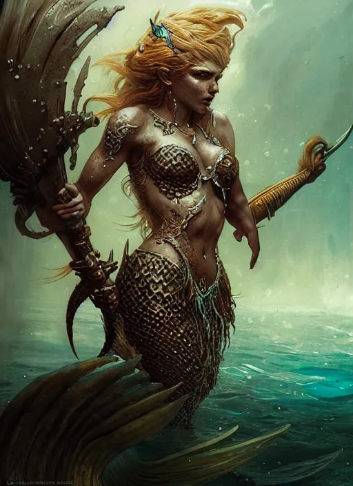 Image similar to a fierce mermaid warrior under water, fantasy character portrait, ultra realistic, concept art, intricate details, highly detailed by greg rutkowski, gaston bussiere, craig mullins, simon bisley