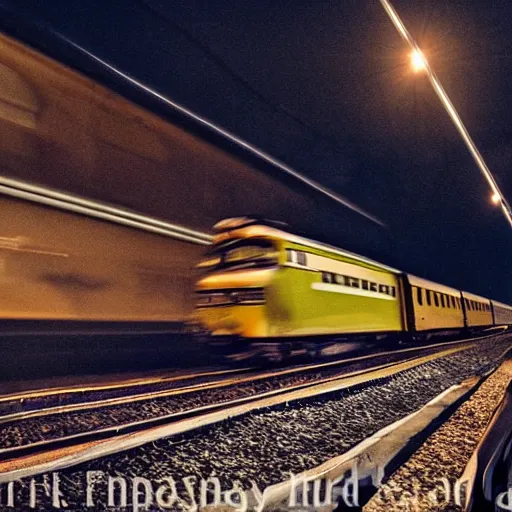 Prompt: train with steam locomotive leaving the station, dramatic cinematic angle and lighting, low key slow shutter