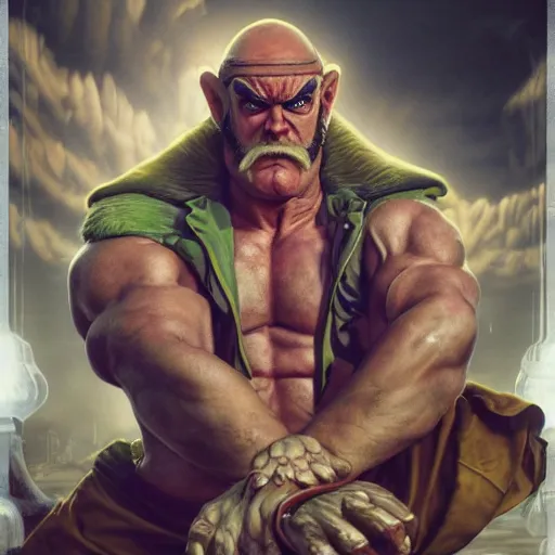 Image similar to david koechner as zangiff from street fighter, flexing, no shirt ultra realistic, concept art, intricate details, eerie, highly detailed, photorealistic, octane render, 8 k, unreal engine. art by artgerm and greg rutkowski and magali villeneuve and alphonse mucha