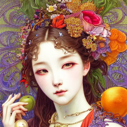 Prompt: a masterpiece ultrarealistic ultradetailed portrait of beautiful love, jewelry genius, witch girl on fruits street market baroque renaissance. medium shot, intricate, elegant, by stanley artgerm lau, wlop, alphonse mucha, rossdraws, andrei riabovitchev, yoshitaka amano. flower background my james jeand and takashi murakami.