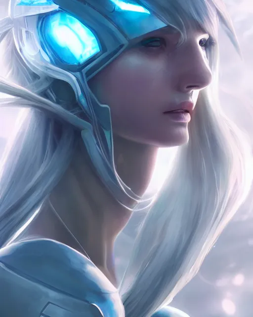 Image similar to perfect android girl on a mothership, warframe armor, beautiful face, scifi, futuristic, galaxy, nebula, bae suzy, dreamy, long white hair, blue cyborg eyes, cinematic lighting, highly detailed, artstation, divine, by gauthier leblanc, kazuya takahashi, huifeng huang, jama jurabaev