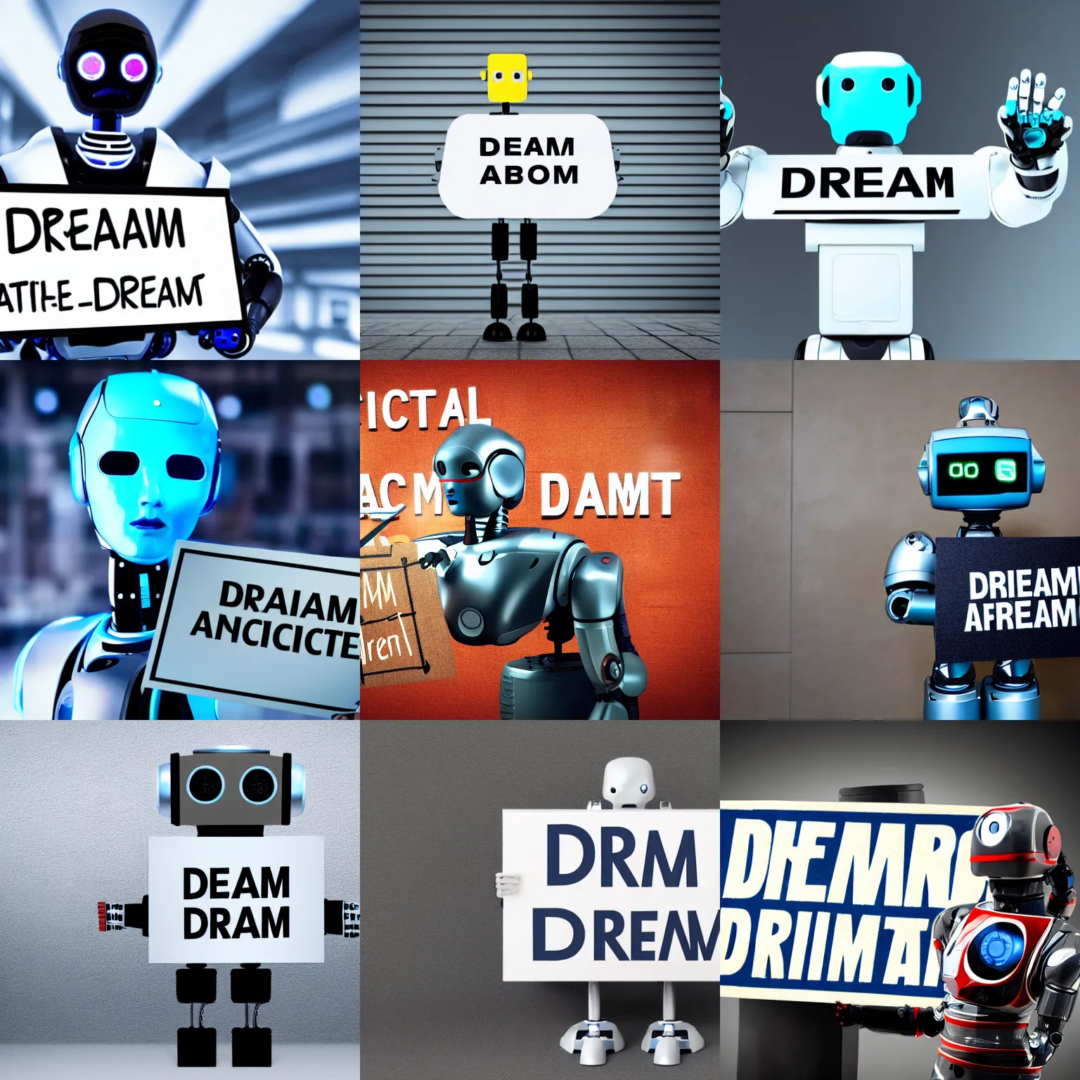 Image similar to artificial intelligence robot holding a sign with text that reads : dream