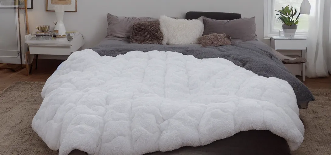 Image similar to photo of a large puffy comforter blanket, soft lighting,