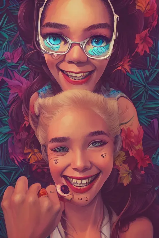 Prompt: a cute girl smiling, Tristan Eaton, victo ngai, artgerm, RHADS, ross draws