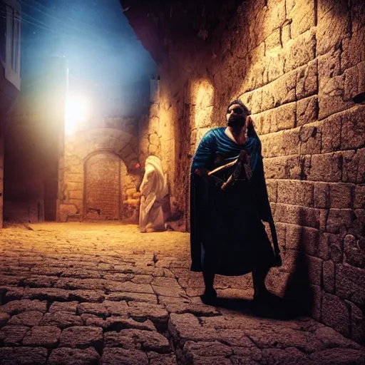 Prompt: award winning cinematic still of nighttime with 40 year old Mediterranean skinned man in Ancient Canaanite clothing fixing a ruined, crumbled wall in Jerusalem, holding a sword, dramatic lighting, nighttime, strong shadows, bold color contrast, action movie stills