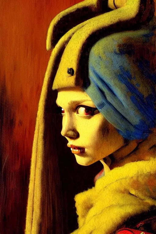 Image similar to full character portrait max mad cyberpunk warhammer 4 0 k, warrior marine the girl with the pearl earring character design, painting by gaston bussiere, katsuya terada, vermeer, frank frazetta, mucha, tom of finland, trending on artstation