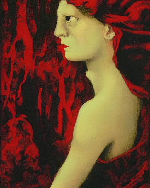 Prompt: a baroque painting of a girl wearing red lost in the dark woods, a terrifying wolf is watching her, 1 9 7 0 s, seventies, wallpaper, delicate embellishments, painterly, offset printing technique, by brom, robert henri, walter popp