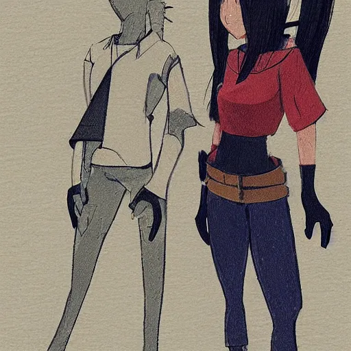 Image similar to a couple of people standing next to each other, concept art by miyazaki, tumblr contest winner, cubo - futurism, official art, concept art, 2 d game art