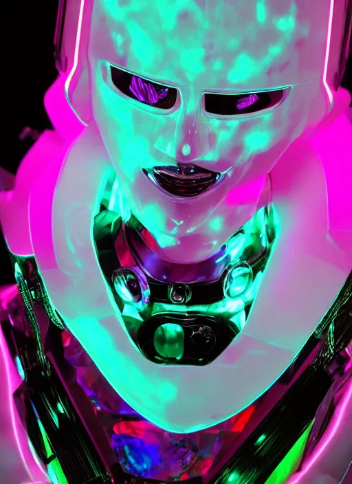 Image similar to photo of fullbodied baroque and bladerunner delicate neon diamond sculpture of robot onyx albino marble prince kai harvatz dotado pink iridescent robotic mask psychedelic, reclining, glowing magenta face, crown of white diamonds, cinematic lighting, photorealistic, octane render 8 k depth of field 3 d