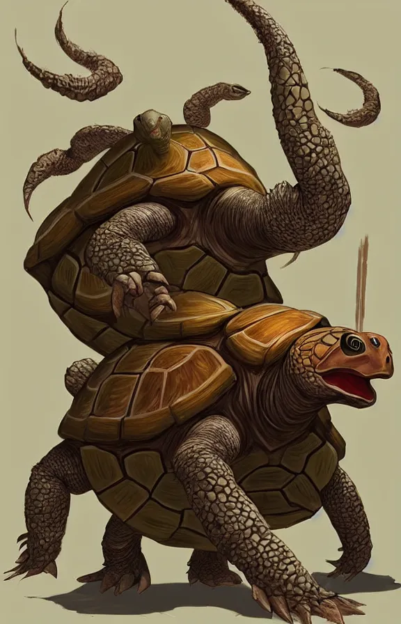 Prompt: a giant angry turtle with a large head and large tusks!!!!!! standing upright!!!, combat pose, concept art, artstation, digital art, extremely detailed!!!