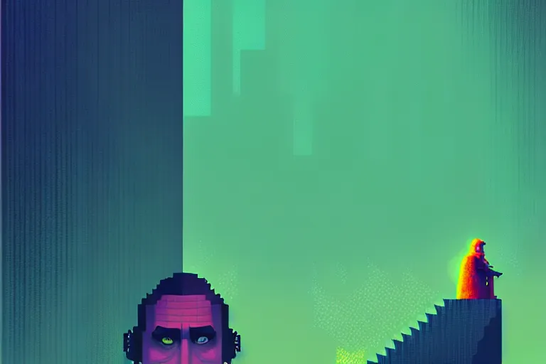 Image similar to ( ( dither ) ), editorial pixel art portrait of an angled 2 d shrek, modern art deco, ( ( mads berg ) ), christopher balaskas, victo ngai, rich grainy texture, detailed, dynamic composition, wide angle, matte print, art nouveau, unreal engine