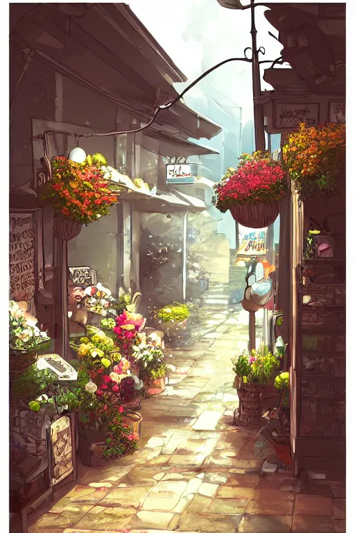 Image similar to a little flower shop's front gate, fresh, digital illustration, pixiv, dramatic lighting