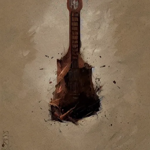 Prompt: v shape guitar in hand of man by greg rutkowski