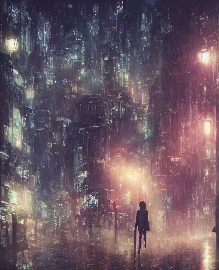 Image similar to cluttered futuristic city at night, rain, girl under lantern, by Sean Foley