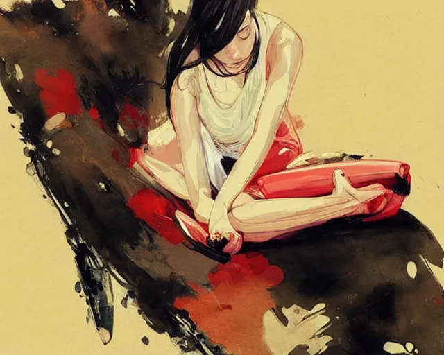 Image similar to a ultradetailed beautiful painting of a stylish woman sitting on a couch, by conrad roset, greg rutkowski and makoto shinkai trending on artstation