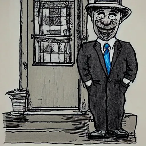 Image similar to a drawing of a man standing in front of a house. He's wearing a shirt and tie, pork pie hat. drawn by Robert Crumb