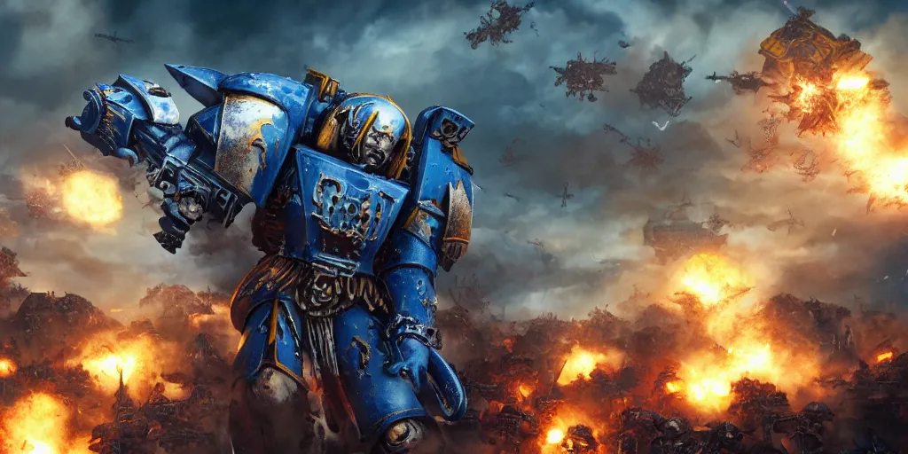 Prompt: warhammer 40k ultramarine on the battle field, explosions, ruins on the background, digital art, illustration, wide angle, fine details, cinematic, highly detailed, octane render