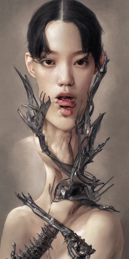 Image similar to Kiko Mizuhara, physically accurate, dramatic dynamic lighting, intricate, elegant, highly detailed, digital painting, artstation, very hyperrealistic, HR GIGER, Hieronymus Bosch, Francis Bacon, Tomas Sanchez, Renaissance, concept art, smooth, sharp focus, illustration, art by artgerm and greg rutkowski and alphonse mucha