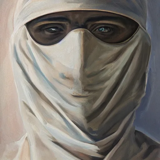 Prompt: the healing of a metaphorical man, white balaclava, healing, appeasing, infinite urban desert, a city made of sand, mental health, minimalist, oil painting, by francis bacon, emotional conflict, hd, 8 k, trending on artstation, paradoxal, perfect framing, neo - expressionism, expressive