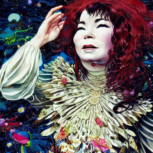 Prompt: portrait of crazy screaming beautiful singer bjork, big ribbon, ymmetrical, by yoichi hatakenaka, masamune shirow, josan gonzales and dan mumford, ayami kojima, takato yamamoto, barclay shaw, karol bak, yukito kishiro