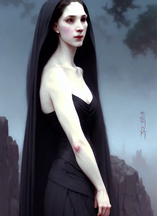 Prompt: character concept portrait of a female wizard with pale skin, wearing an elegant dress, dark vibe, intricate, elegant, digital painting, concept art, smooth, sharp focus, illustration, by Ruan Jia and Mandy Jurgens and William-Adolphe Bouguereau, Artgerm,