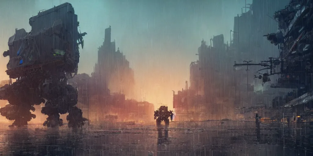 Prompt: bright render of huge mecha, by Ian McQue, Rutkowski, lee madgwick and hubert robert, concrete building by le corbusier on the background, puddles of water, trees and bushes, blade runner style, neon glow, vivid color, moody lighting, unreal engine, sunrise, epic skies, foggy