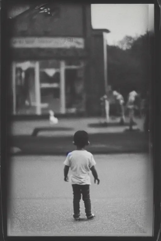 Image similar to photo polaroid of sad and lonely child in the middle of the street, in front of him a funfair, loneliness, war, black and white ,photorealistic, 35mm film,