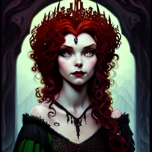 Image similar to a dark gothic version of Princess Merida, face, fantasy, intricate, elegant, highly detailed, digital painting, artstation, concept art, smooth, sharp focus, illustration, art by Cynthia Shephard and Fernanda Suarez and Artem Demura and alphonse mucha