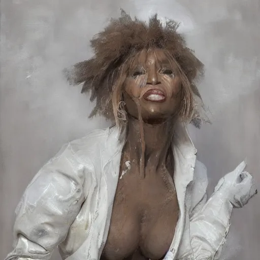 Prompt: Papier Mache Biopunk Tina Turner conceals her brain and spinal interdimensional parasite whilst wearing a white labcoat acrylic painting edouard riou ruan jia greg rutkowski achille beltrame