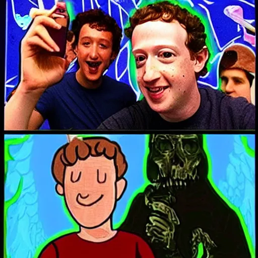 Image similar to selfie of Lucifer smoking weed with mark zuckerberg in hell