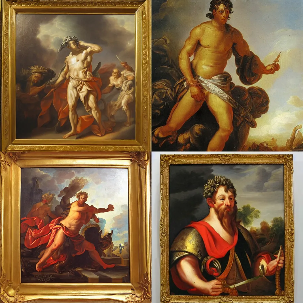 Prompt: oil on canvas painting of ares, rococo, baroque,