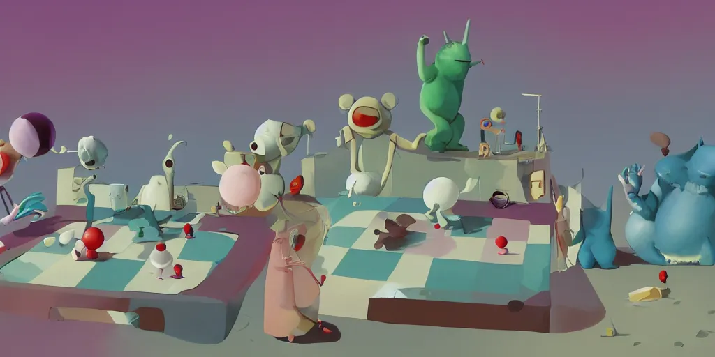 Prompt: cute cartoon monsters playing chess by Goro Fujita and Simon Stalenhag and Chiho Aoshima and Wes Anderson, 8k, trending on artstation, hyper detailed, cinematic