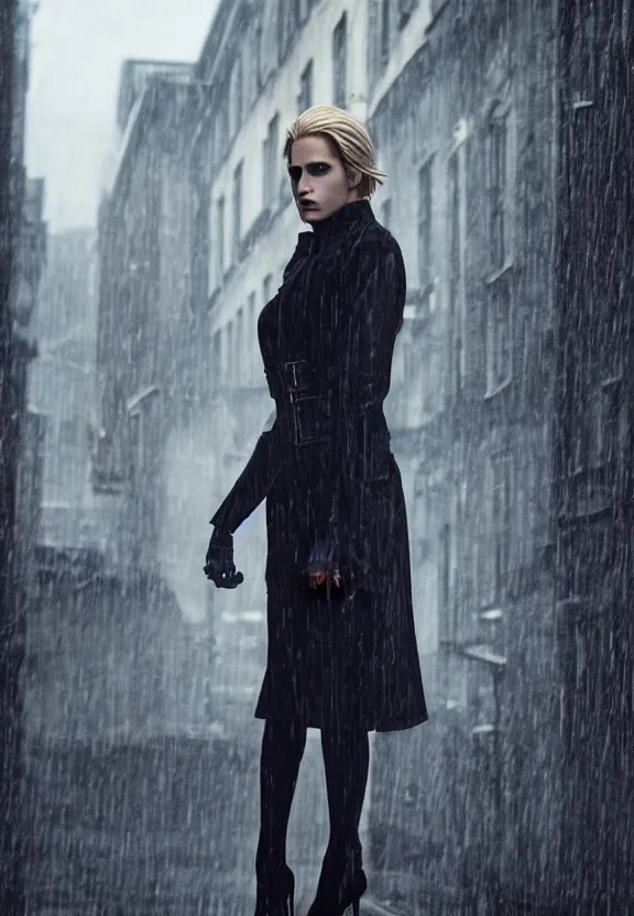 Prompt: cosmopolitan model annie leonhart posing in dunwall city, beautiful face, detailed face, realistic eyes, cinematic lighting, rainy weather, melancholy atmosphere, volumetric light, gothic architecture, realistic reflections, model agency, instagram photo, depression atmosphere, shot on sony a 7, beauty filter, postprocessing