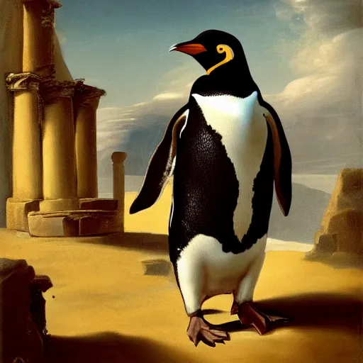 Image similar to penguins are dressed in conquistador armor and are standing next to ancient roman buildings, francisco goya, artstation, renaissance