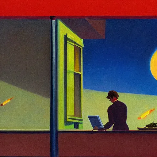 Image similar to painting of the extinction of the dinosaurs with asteroid and fire, in the style of edward hopper