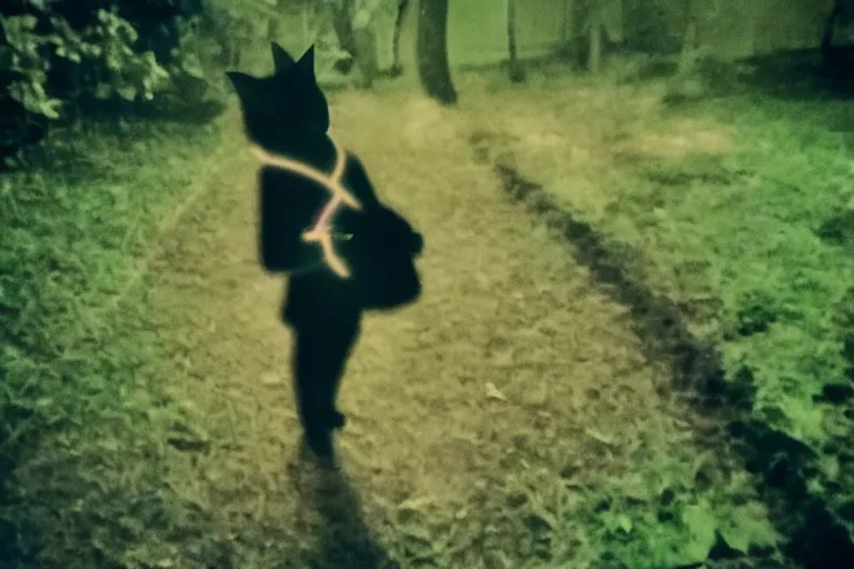 Prompt: anime catgirl caught on trailcam at midnight, low light photograph