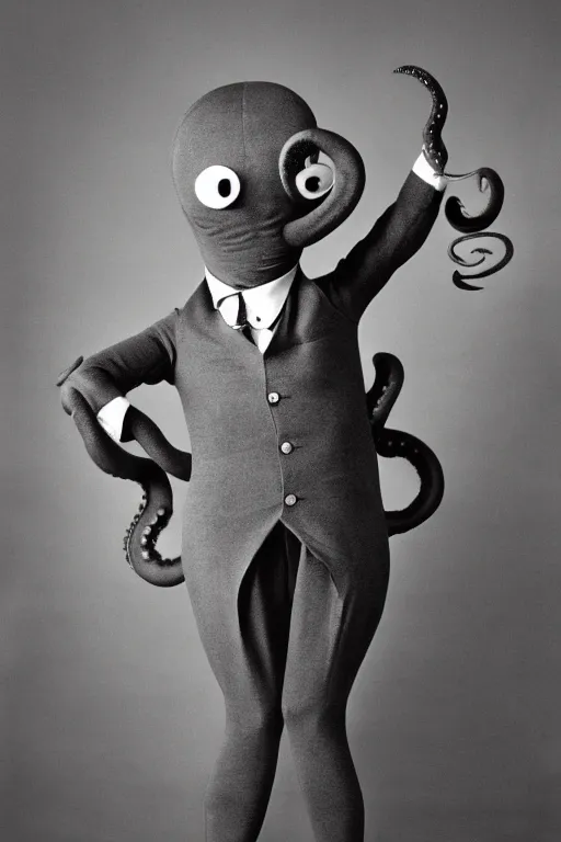 Image similar to anthropomorphic octopus wearing a suit, vintage photograph, sepia