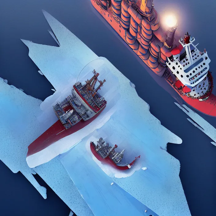 Prompt: A little bird's flight over an insanely huge icebreaker-fortress sailing across an icy cold ocean. Art by Finnian MacManus, Simon Stalenhag, Arthur Rackham. Masterpiece, cinematic, hyperdetailed, photorealistic, hyperrealism, octane rendering, 8k, aerial view.