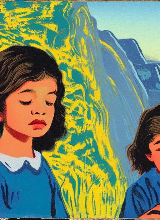 Image similar to an extreme close - up low angle portrait of a young girl and her young brother praying in a scenic representation of mother nature and the meaning of life by billy childish, thick visible brush strokes, shadowy landscape painting in the background by beal gifford, vintage postcard illustration, minimalist cover art by mitchell hooks