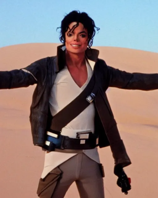 Image similar to michael jackson, as luke skywalker, with his landspeeder, beautiful tatooine desert at sunset, michael jackson is 1 6 years old and normal looking and handsome, not wearing any makeup