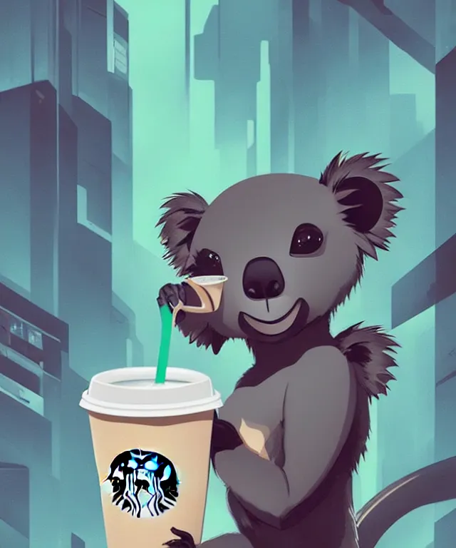 Image similar to a portrait of an anthropomorphic koala holding a starbucks coffee, cyberpunk!, fantasy, elegant, digital painting, artstation, concept art, matte, sharp focus, illustration, art by josan gonzalez