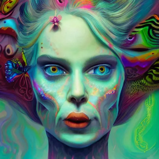 Image similar to an extremely psychedelic portrait of alice in wonderland, surreal, lsd, face, detailed, intricate, elegant, lithe, highly detailed, digital painting, artstation, concept art, smooth, sharp focus, illustration