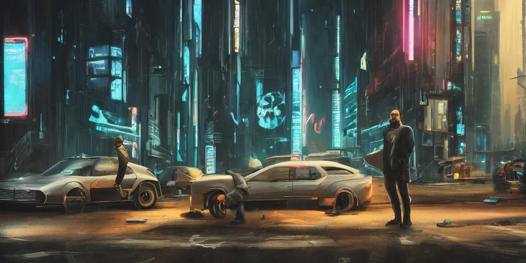 Prompt: a man standing next to a car on a city street, cyberpunk art by Vincent Lefevre, cgsociety, retrofuturism, matte painting, reimagined by industrial light and magic