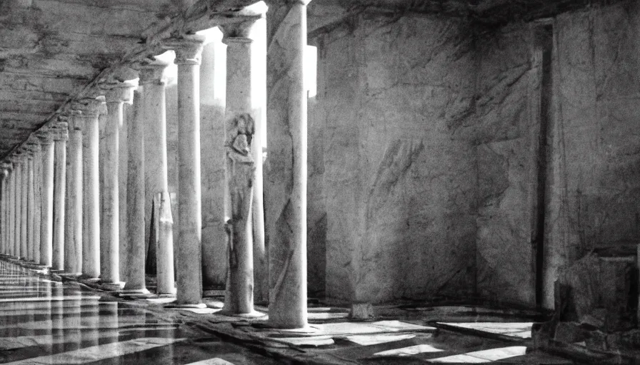 Prompt: 1 9 7 0 s andrei tarkovsky movie still of a pyramid building with columns, by piranesi, panoramic, ultra wide lens, cinematic light, anamorphic, marble