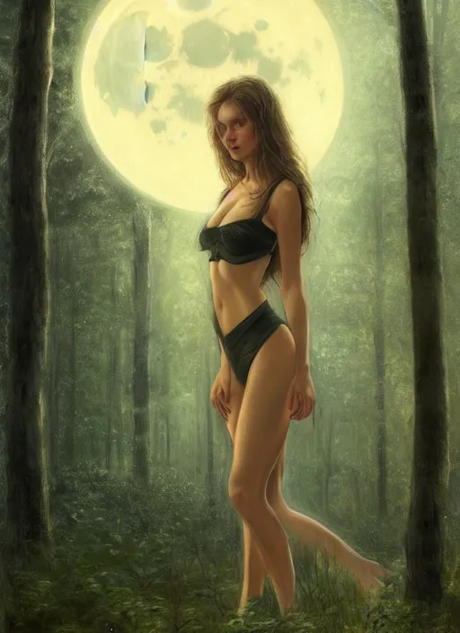 Prompt: close - up portrait of a very beautiful girl in front of the full big moon in a fantasy forest, black bra, by james gurney, max liebermann, greg rutkowski, highly detailed digital art, artstation