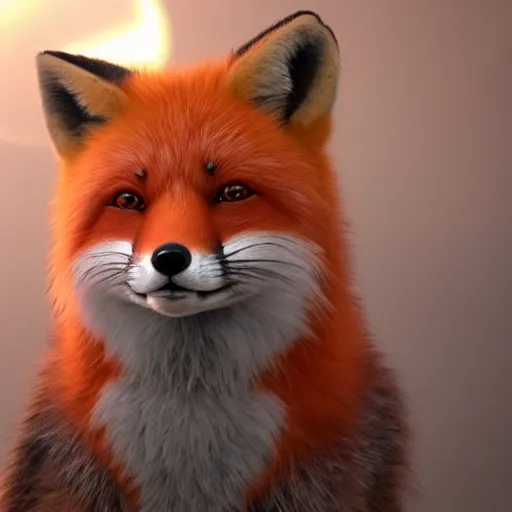 Image similar to portrait of the cutest red fox ever, fluffy, photorealistic, soft lighting, unreal engine