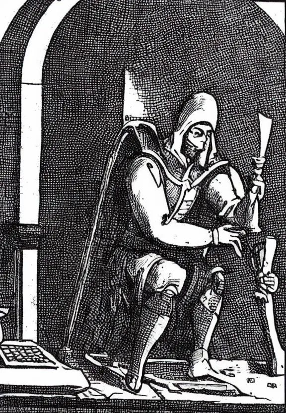 Image similar to [Medieval templar sitting on a desk watching youtube on a computer in a little dark room]