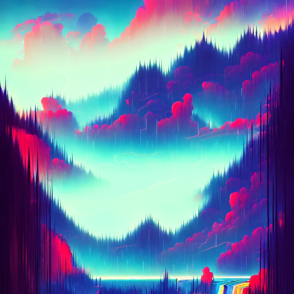 Prompt: a data-center, connector, firewall, security, river, trees, thunderstorm, trending on Artstation, painting by Jules Julien, Leslie David and Lisa Frank and Peter Mohrbacher and Alena Aenami and Dave LaChapelle muted colors with minimalism