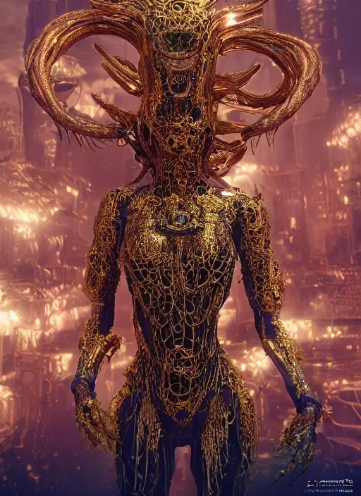 Image similar to a photo of 8 k ultra realistic corrupted lovecraftian golden humanoid queen standing next to a pink and blue solarpunk city, 8 intricate white and gold tentacles, ornate white and gold armour, cinematic lighting, trending on artstation, 4 k, hyperrealistic, focused, extreme details, unreal engine 5, cinematic, masterpiece